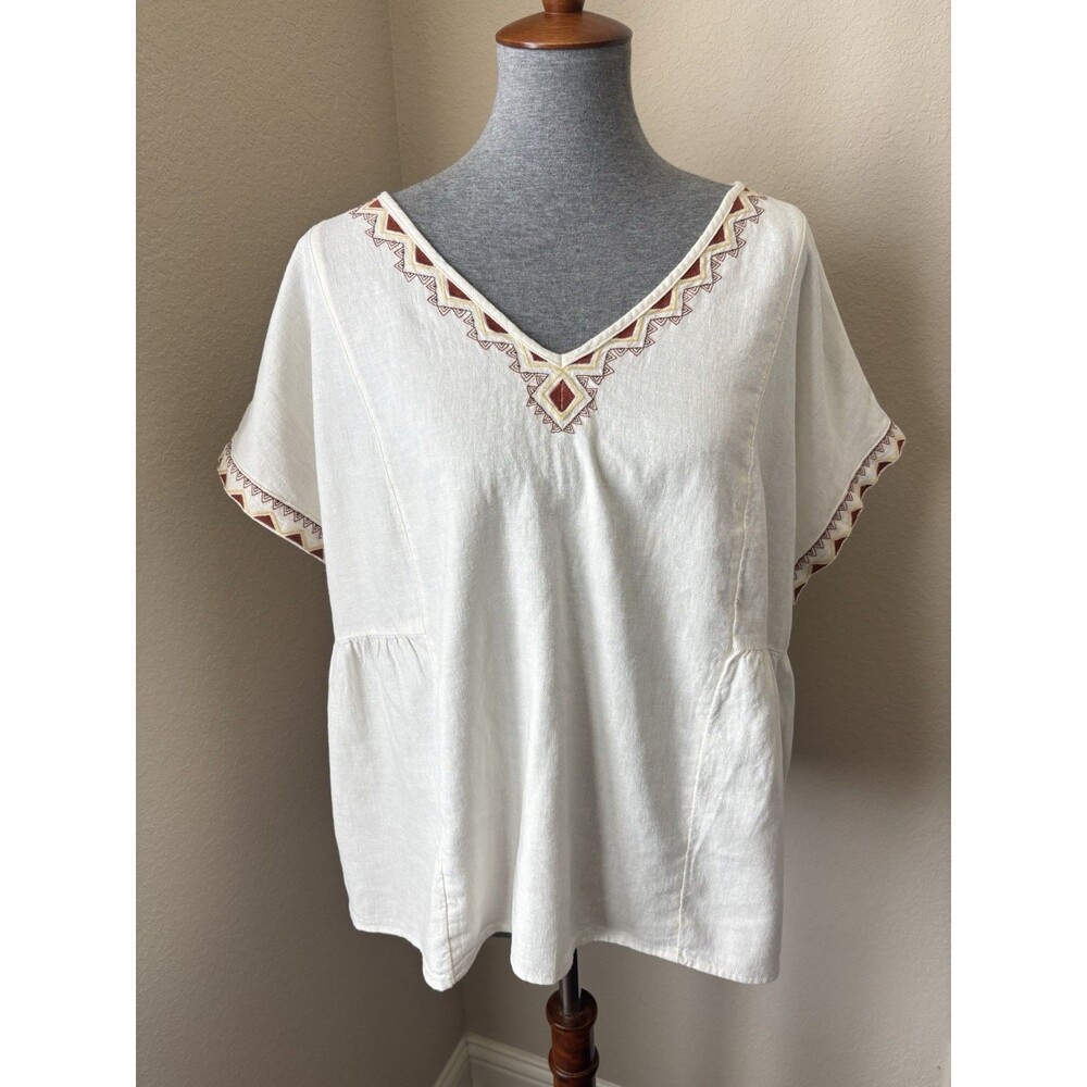 Sonoma Women's Size XL Ivory V-Neck Short Sleeve Linen Blend Embroidered Top